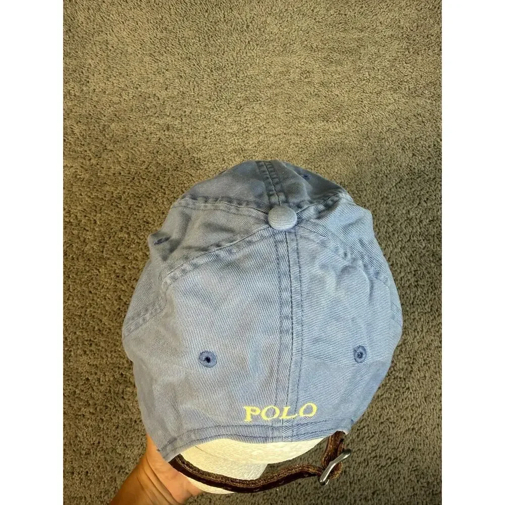 Vintage Polo Ralph Lauren Hat Mens One Size Blue Yellow Pony Leather Strap Faded